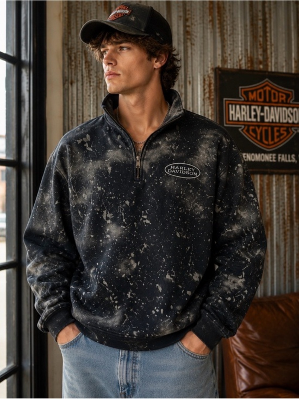 Harley Davidson Black Bleach Splatter Quarter Zip Pullover Sweatshirt XL